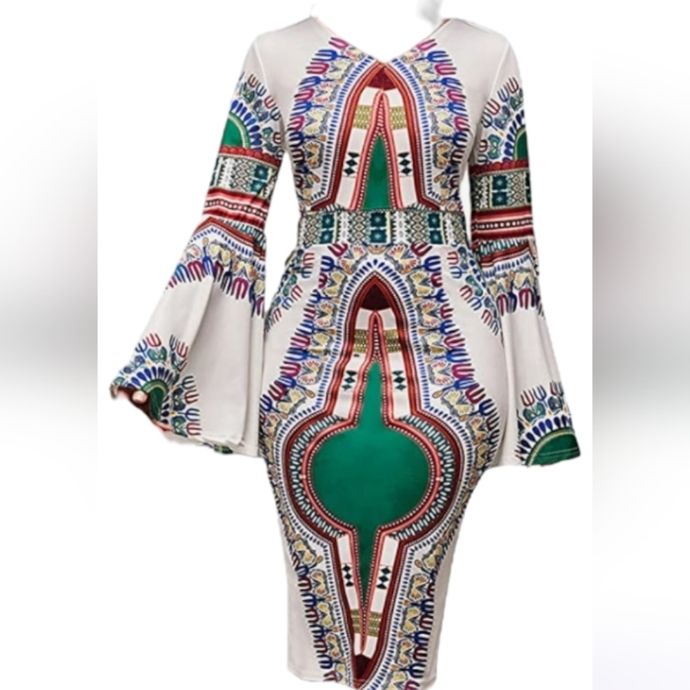 Women's beautifully colored V-neckline African Dashiki Dress Long Bell Sleeve